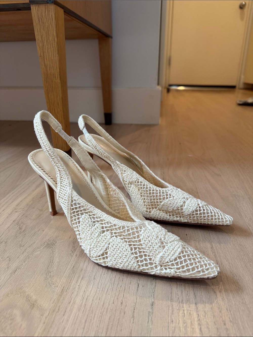 Meshki Cream Crochet Slingback Pointed Heels